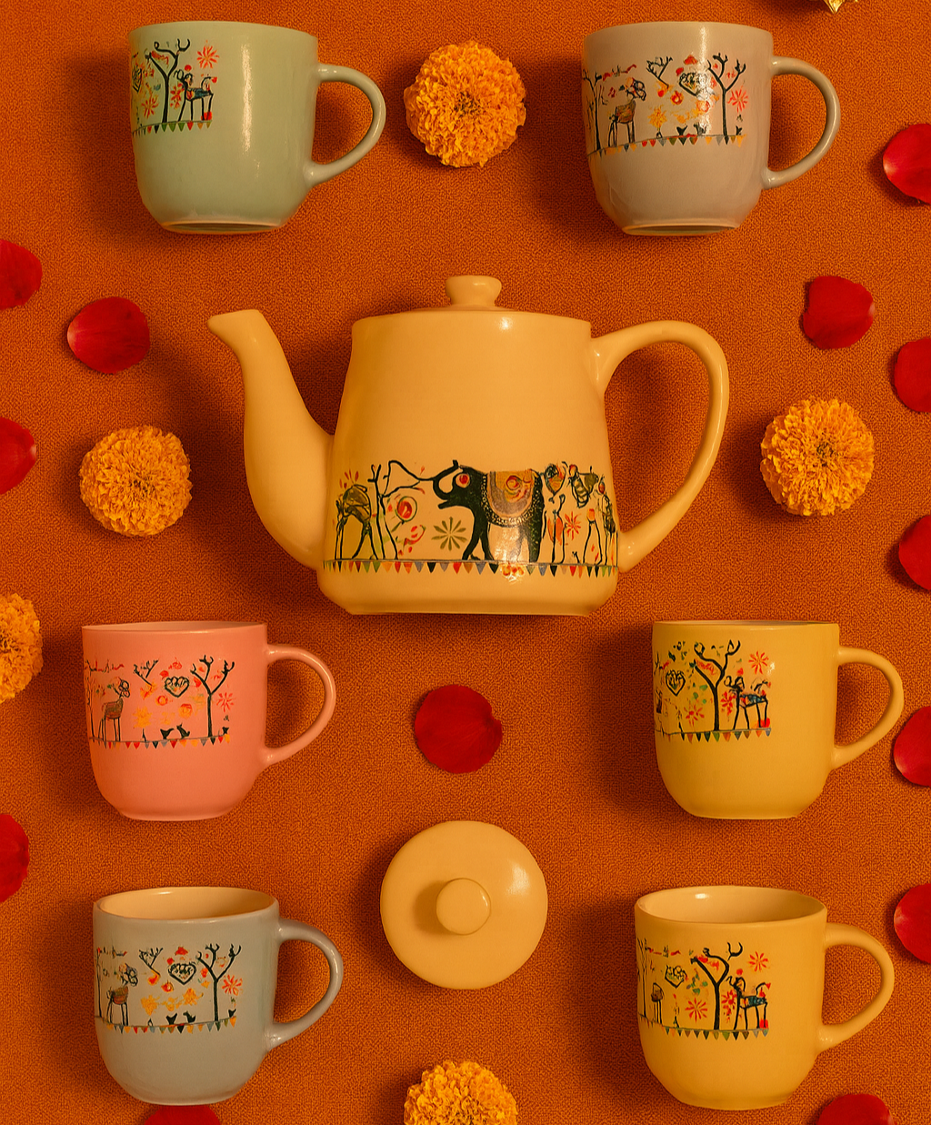 Elephant Multi-colour Tea Set Set of cups and kettle