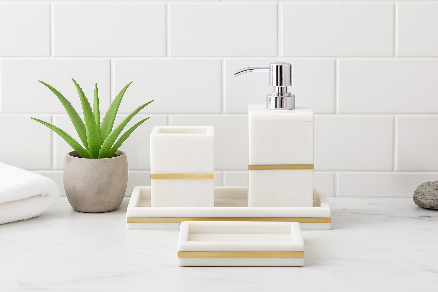 Marble Bathroom Set with Brass Touch – Soap Dispenser, soap dish, tray & Tumbler | Elegant Vanity Decor