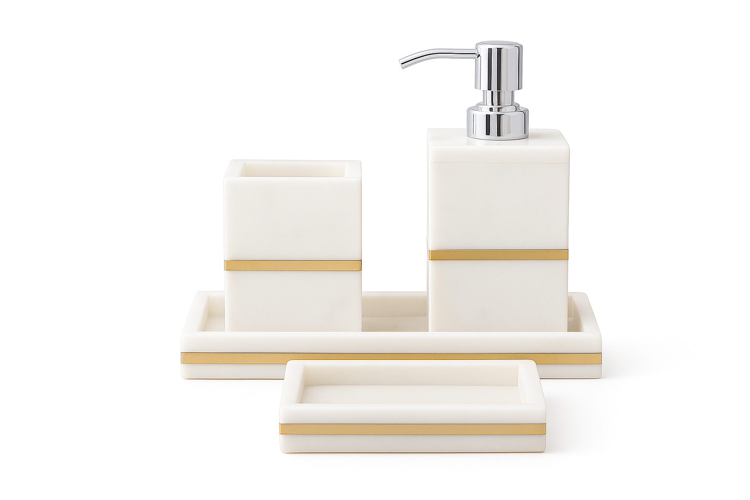 Marble Bathroom Set with Brass Touch – Soap Dispenser, soap dish, tray & Tumbler | Elegant Vanity Decor