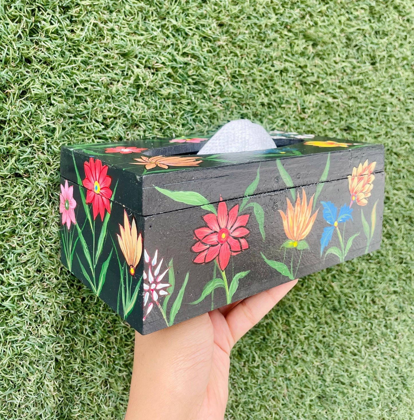 MULTI FLORA BLACK HAND-PAINTED TISSUE BOX
