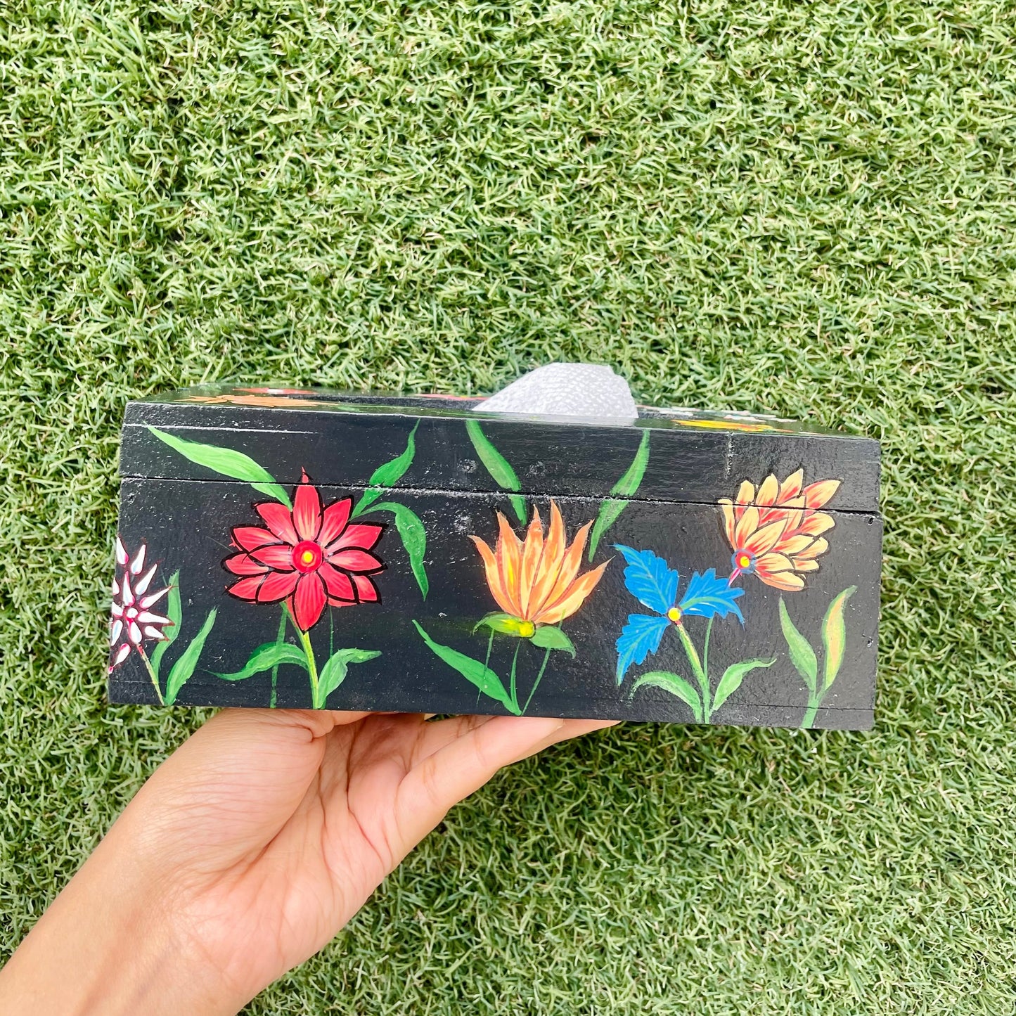 MULTI FLORA BLACK HAND-PAINTED TISSUE BOX
