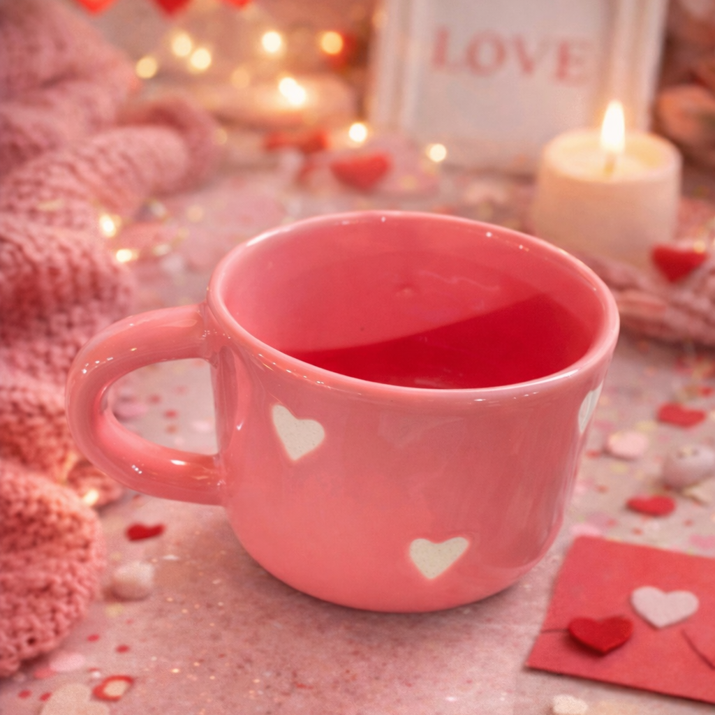 Pink mug with heart designs on a romantic setting with candles and heart decorations.