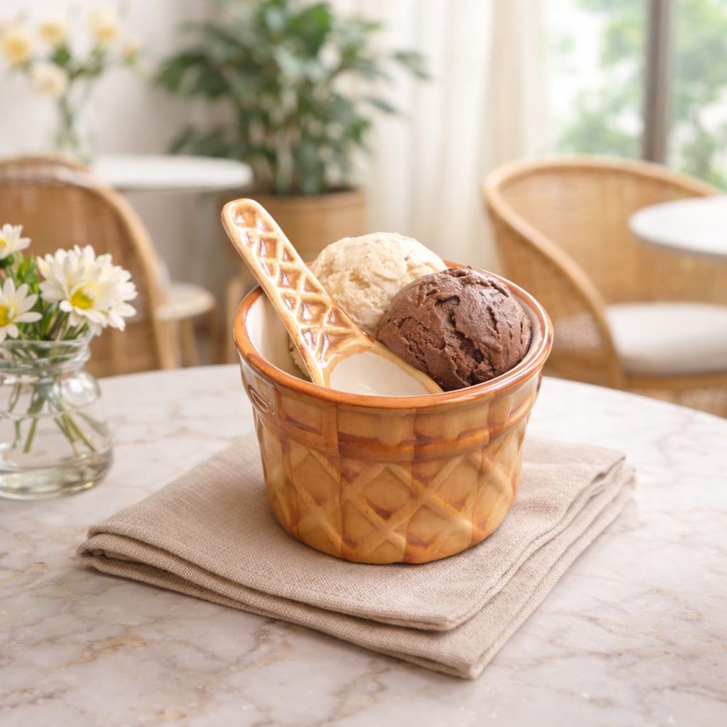 Two scoops of ice cream in a woven basket on a marble table with a blurred indoor background.