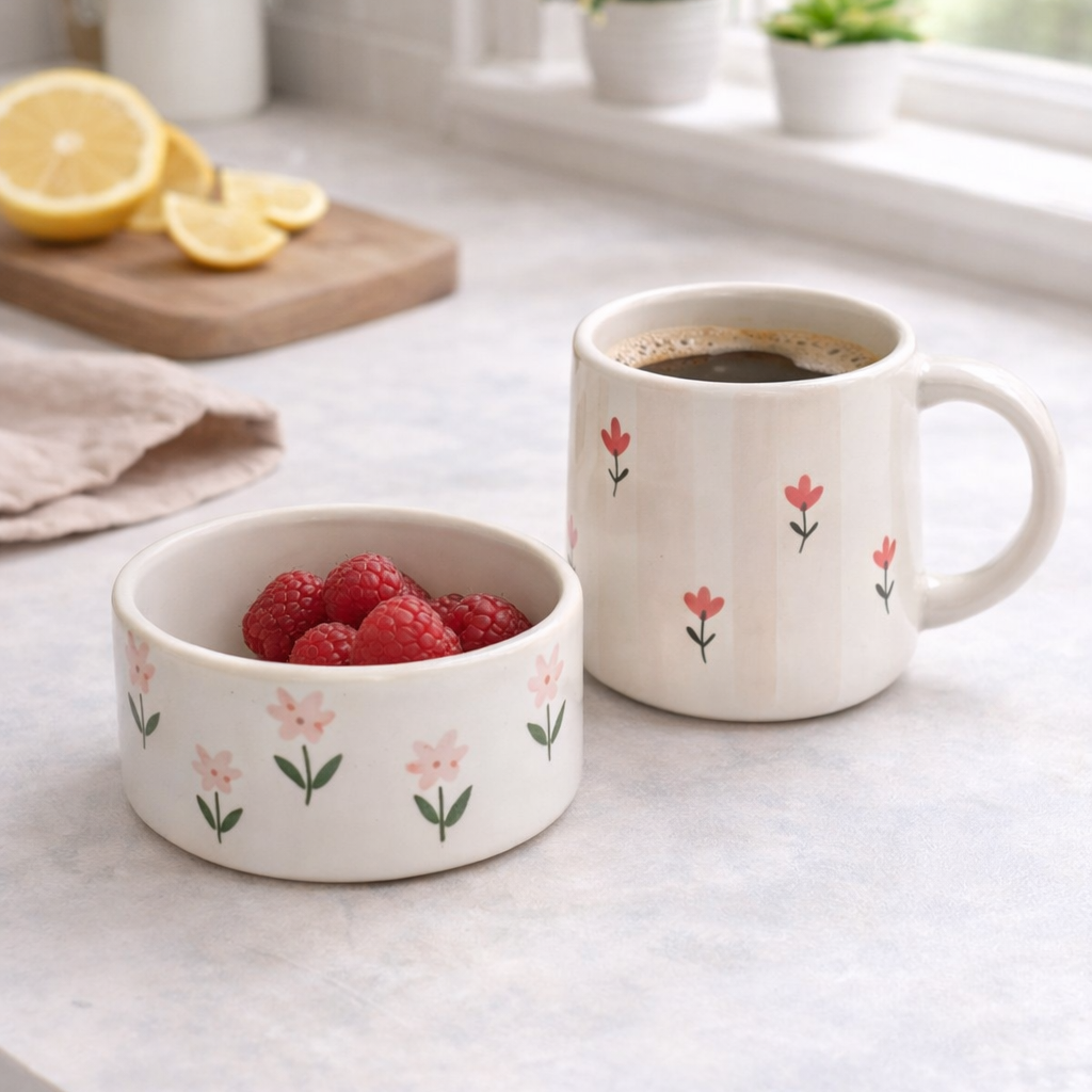 Ceramic mug and bowl with floral design on a kitchen counter with coffee and berries.