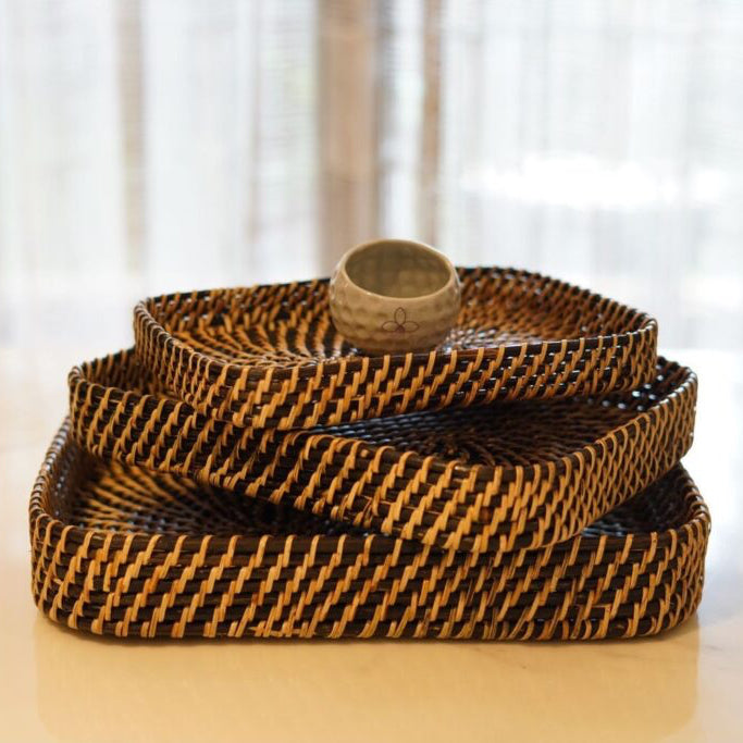 RATTAN DARK TRAY SETS (SET OF 3)