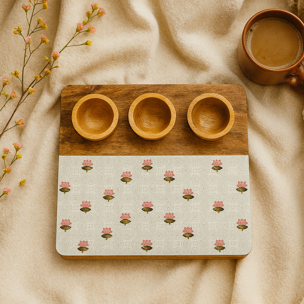 Three wooden bowls on a wooden board with a patterned coaster underneath, on a beige fabric background.