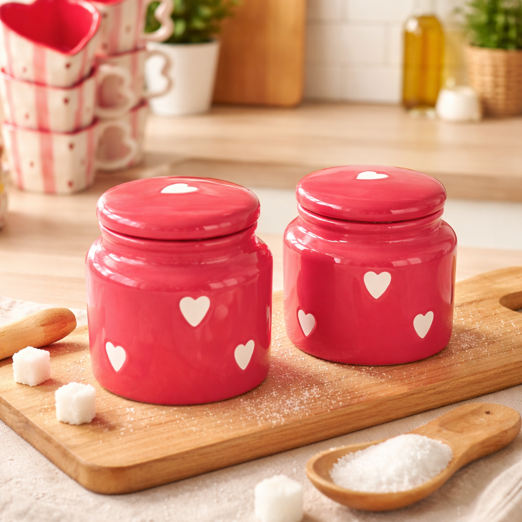 Two red ceramic jars with heart designs on a wooden cutting board in a kitchen setting.