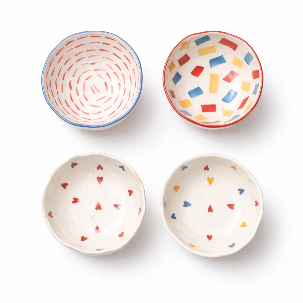Four small decorative bowls with different patterns on a white background