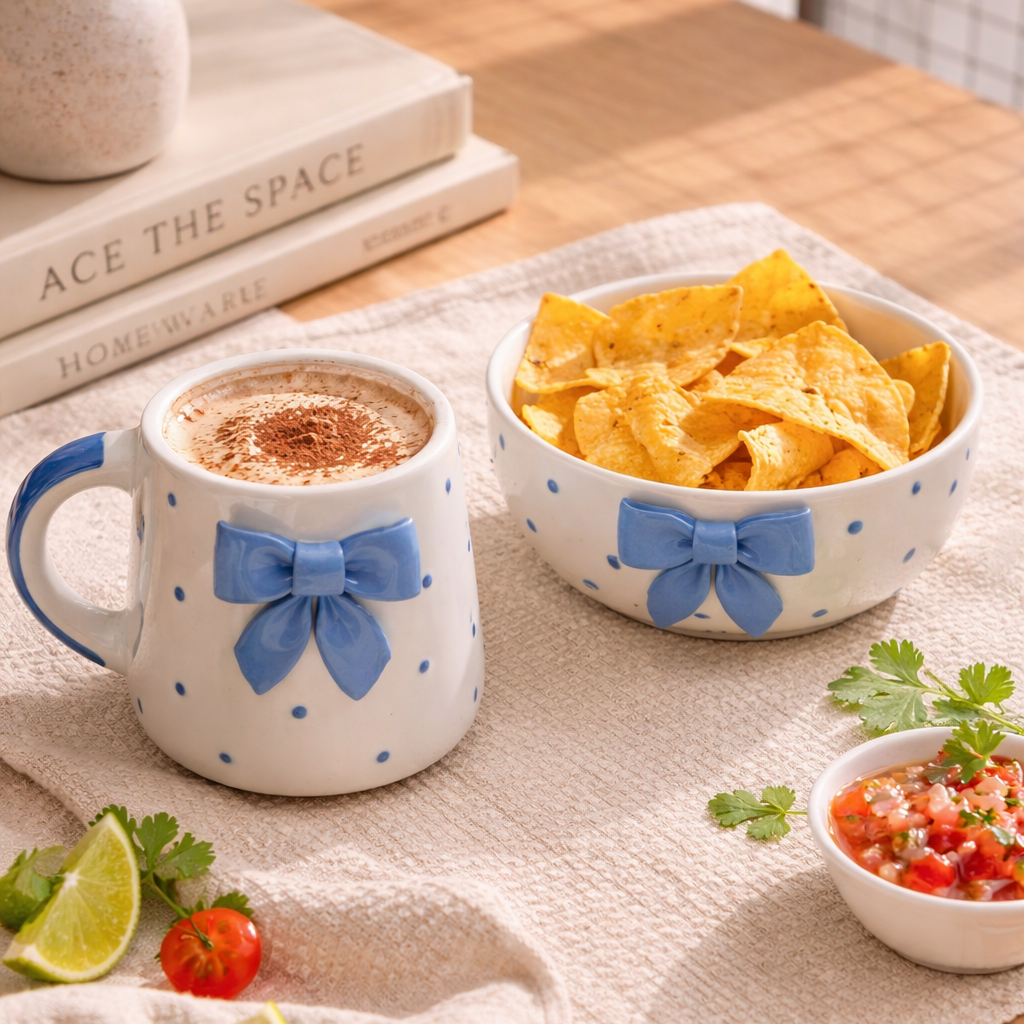 Cup with a bow, bowl of chips, and small bowl of salsa on a table.