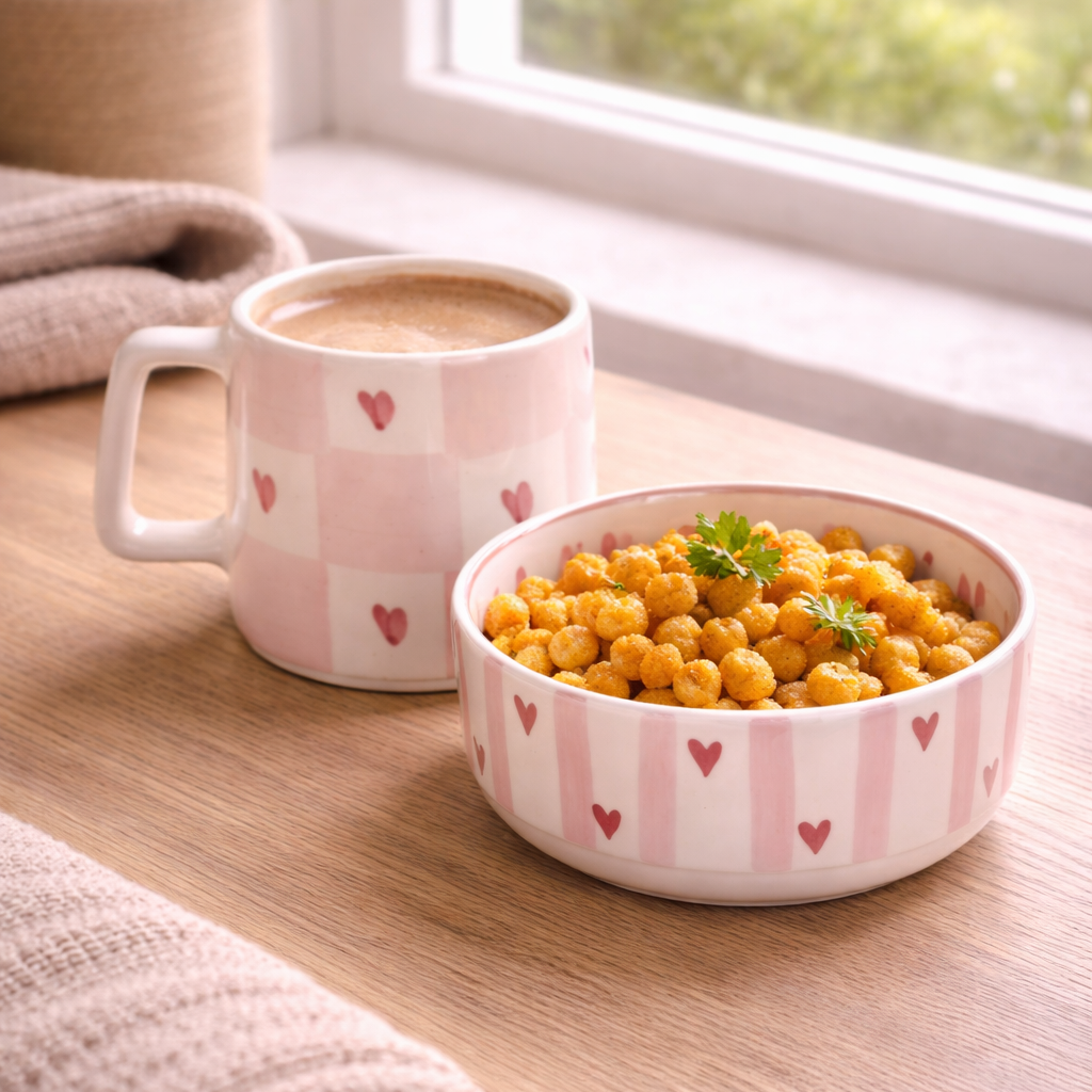 Cup of coffee and bowl of chickpeas on a wooden surface with a window in the background