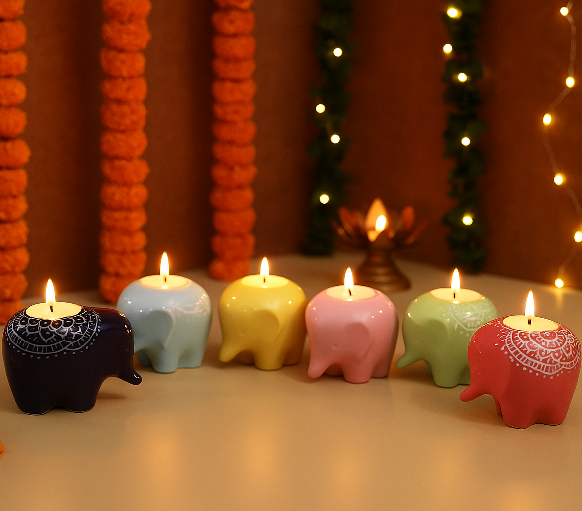 Ceramic Elephant Tea Light Holder (set of 6)