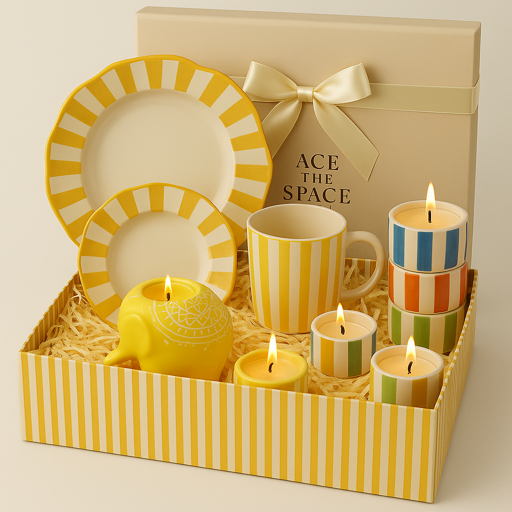 Gift set with striped plates, mugs, and candles in a decorative box.
