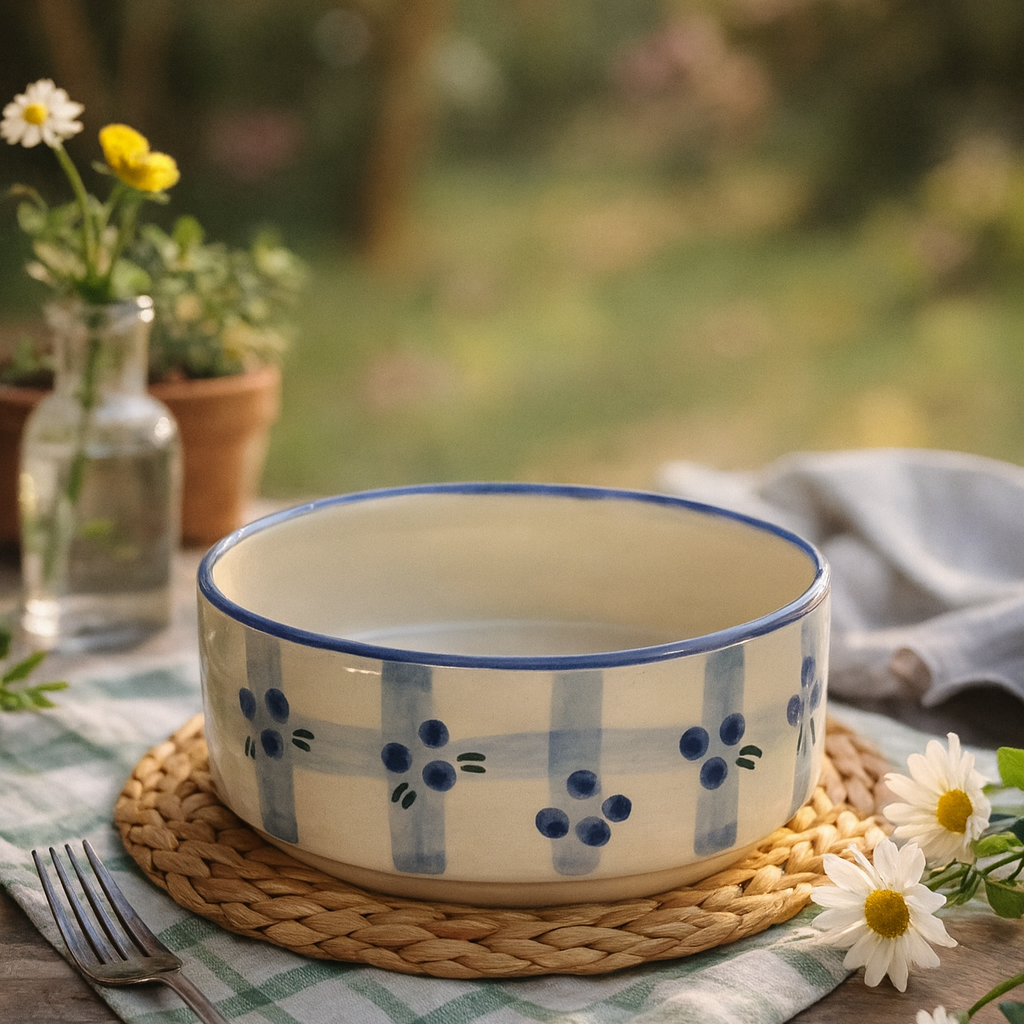 Ceramic bowl with floral design on a table outdoors