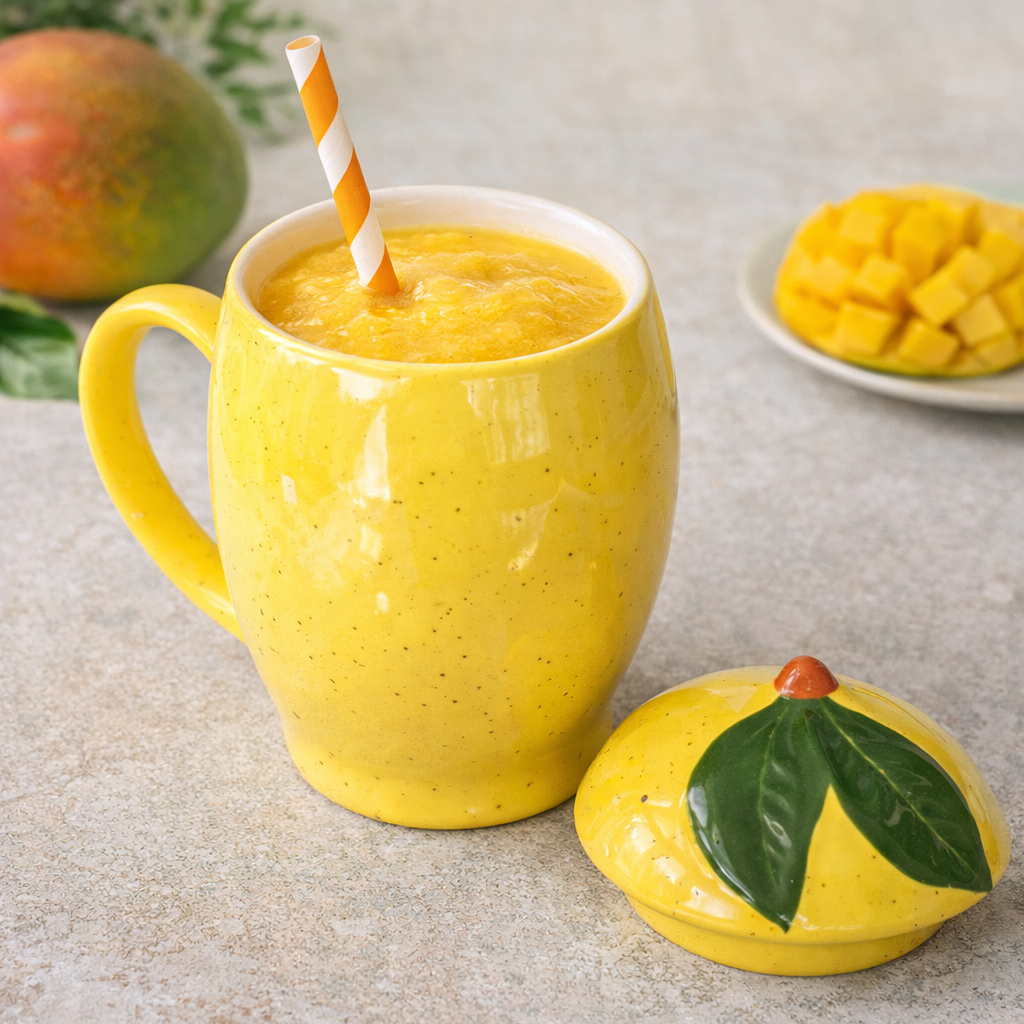 Yellow mug with a mango smoothie and a decorative lemon on a light surface.
