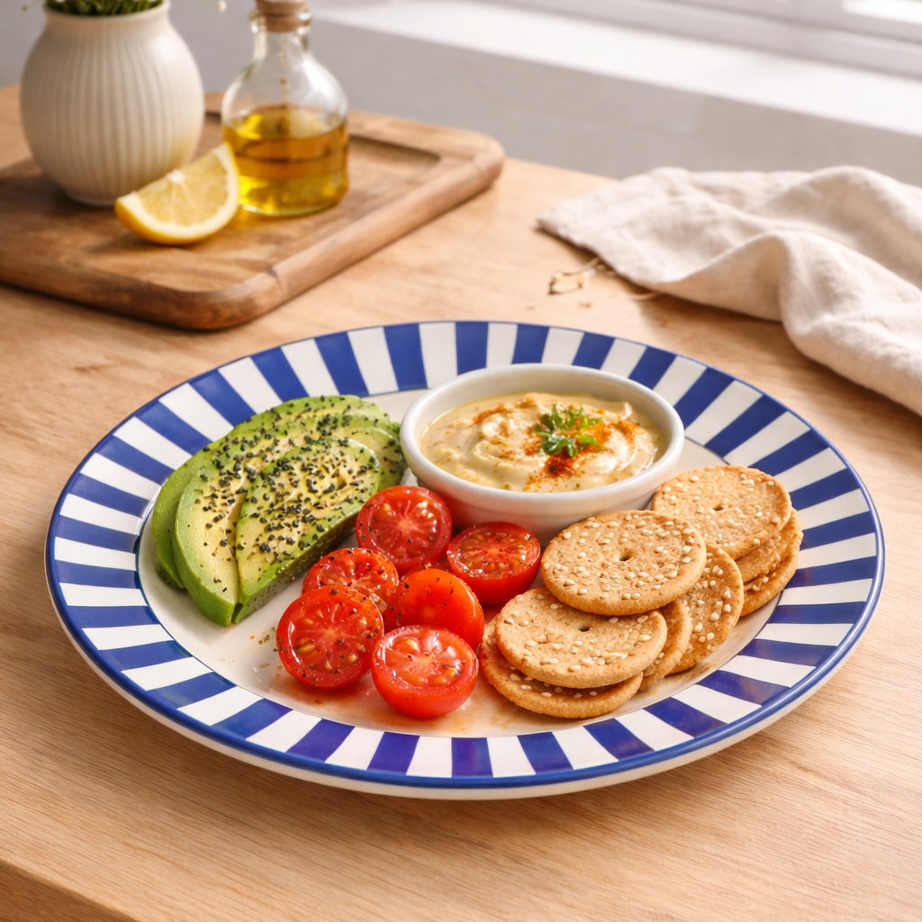 Plated dish with avocado, tomatoes, crackers, and hummus on a wooden table.