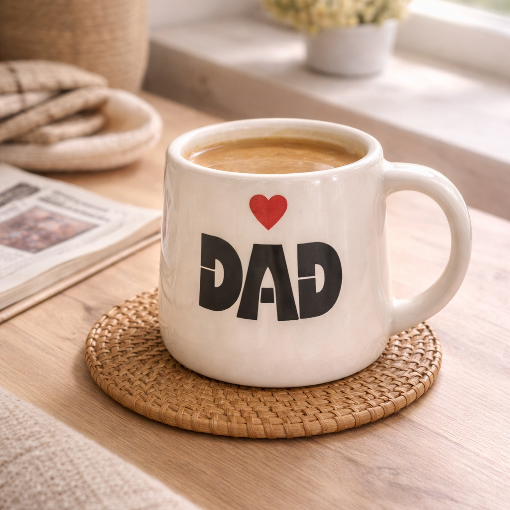 White mug with 'DAD' and heart on a wooden table with a plant and newspaper in the background