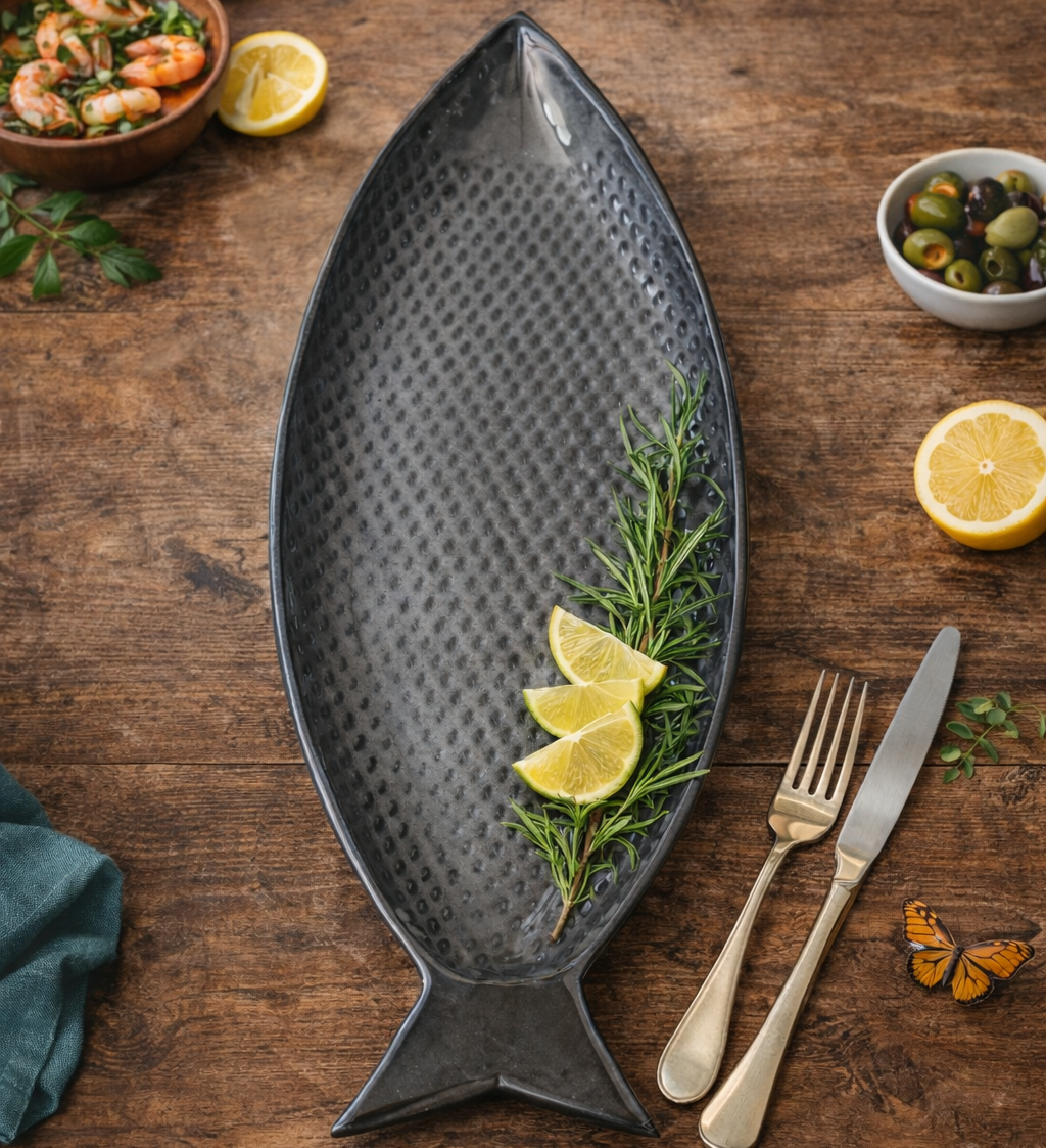 Decorative fish-shaped platter with lemon slices and rosemary on a wooden surface, with 'ace the space' branding.