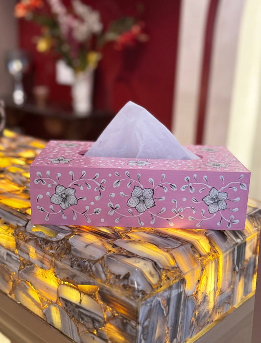 FLORAL PINK HAND-PAINTED TISSUE BOX