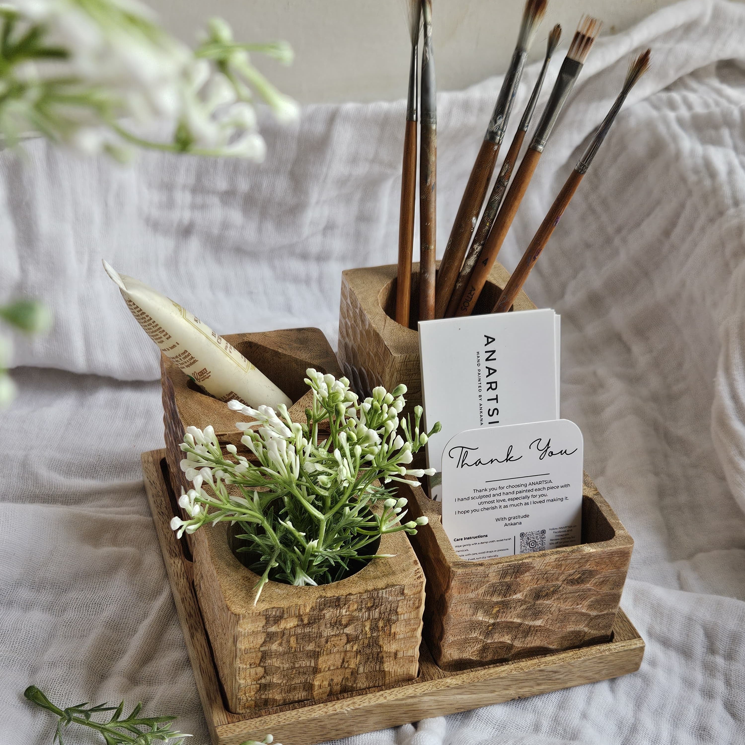 Wooden Pen Stand  | Elegant Study Table  Decor | Gift-Boxed