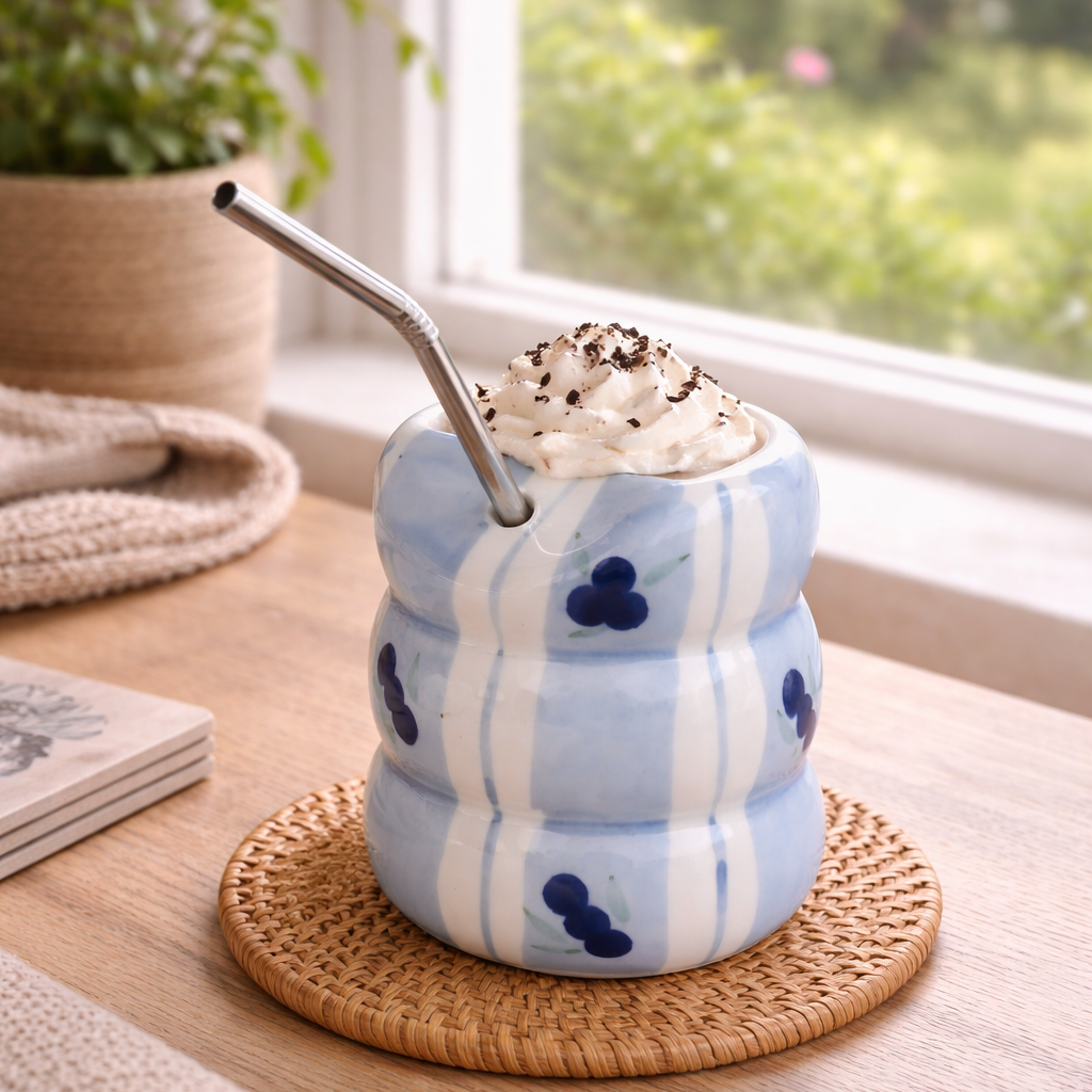 Blue ceramic cup with cartoon design on a wooden surface near a window with greenery outside.