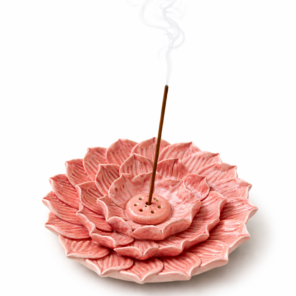 Pink ceramic incense burner with a single stick of incense on a white background