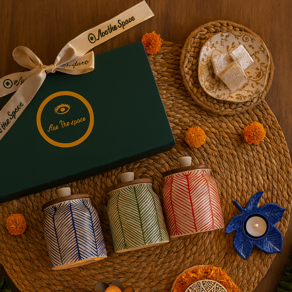 Spice set with decorative elements on a woven mat, featuring 'Aha The Spice' branding.