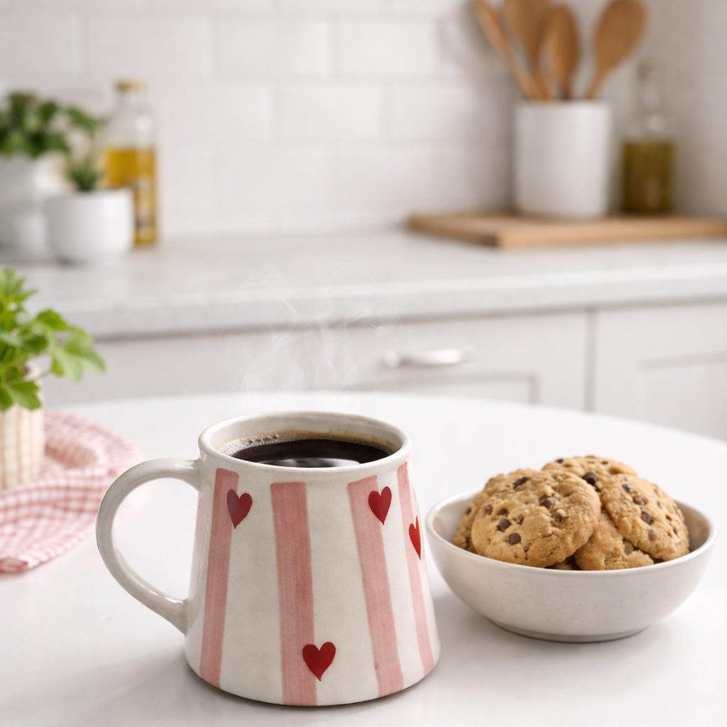 Striped mug with heart designs on a kitchen counter next to a bowl of cookies.