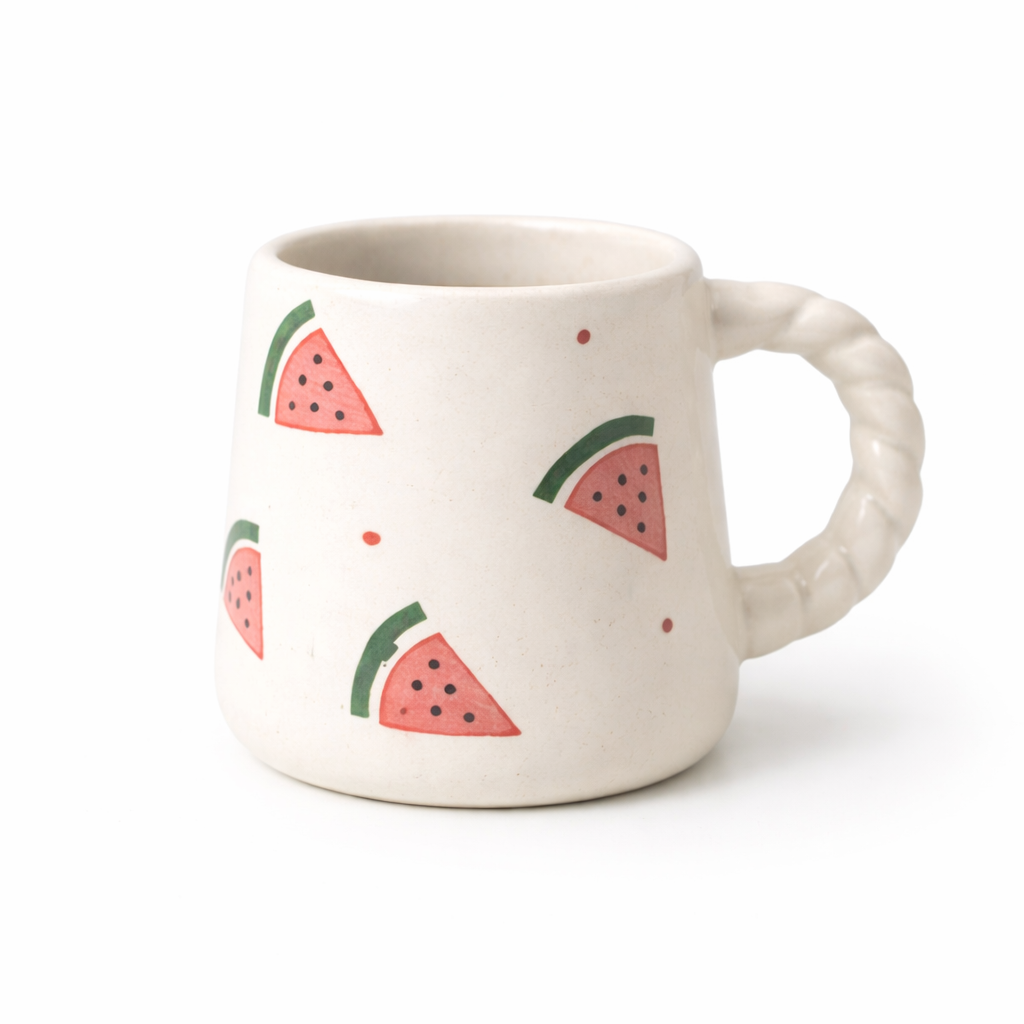 White mug with watermelon pattern on a white background