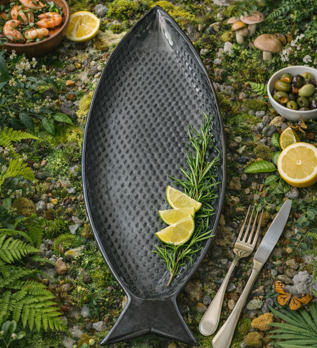 Black fish-shaped platter with lemon wedges and herbs on a natural stone surface with 'ace the space' branding.