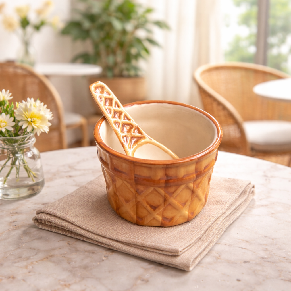 Decorative ceramic bowl with a spoon on a marble surface, with a blurred indoor setting in the background.