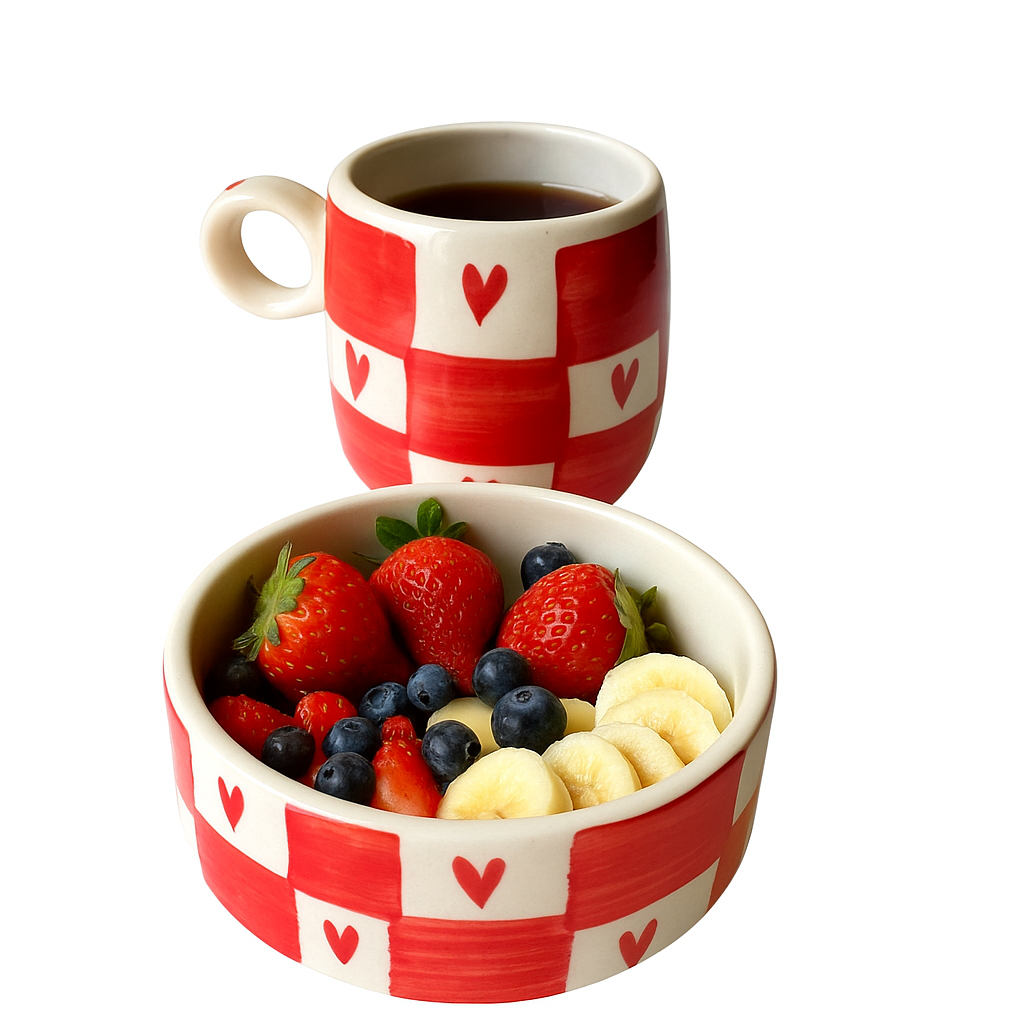 Red Check Heart Cup and bowl set (Set of 1 cup and 1 snack bowl) | Pinterest Inspired