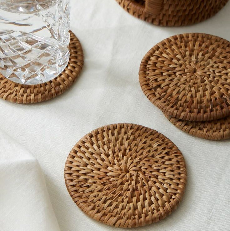 RATTAN TEA COASTERS (SET OF 6 WITH STAND)
