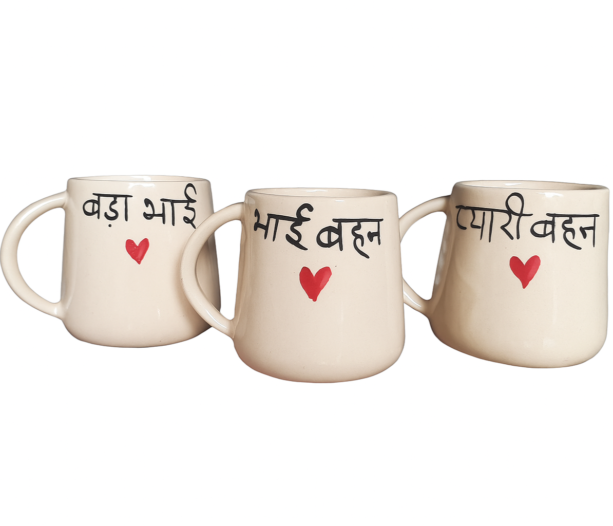 Three ceramic mugs with text and red hearts on a white background