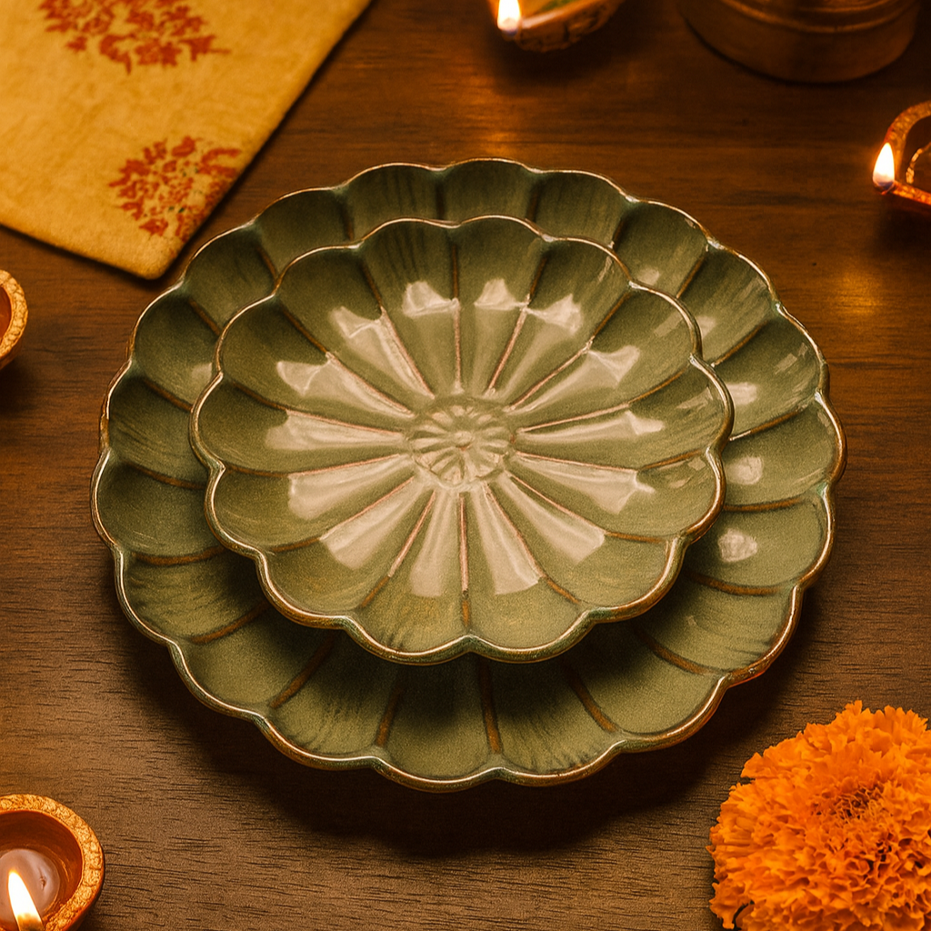 Olive Green Flowerl Snack Plate (set of 2)