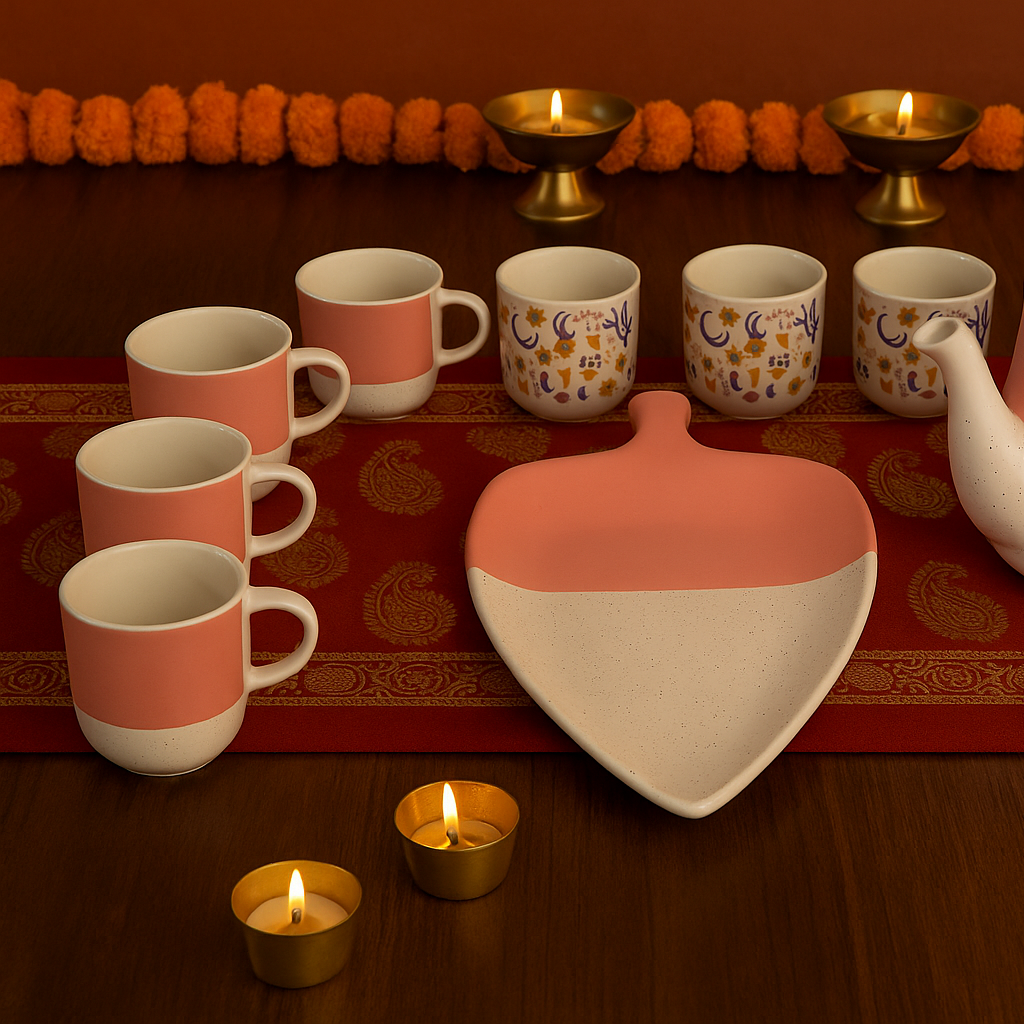 Tea set with cups, teapot, and decorative items on a wooden surface.