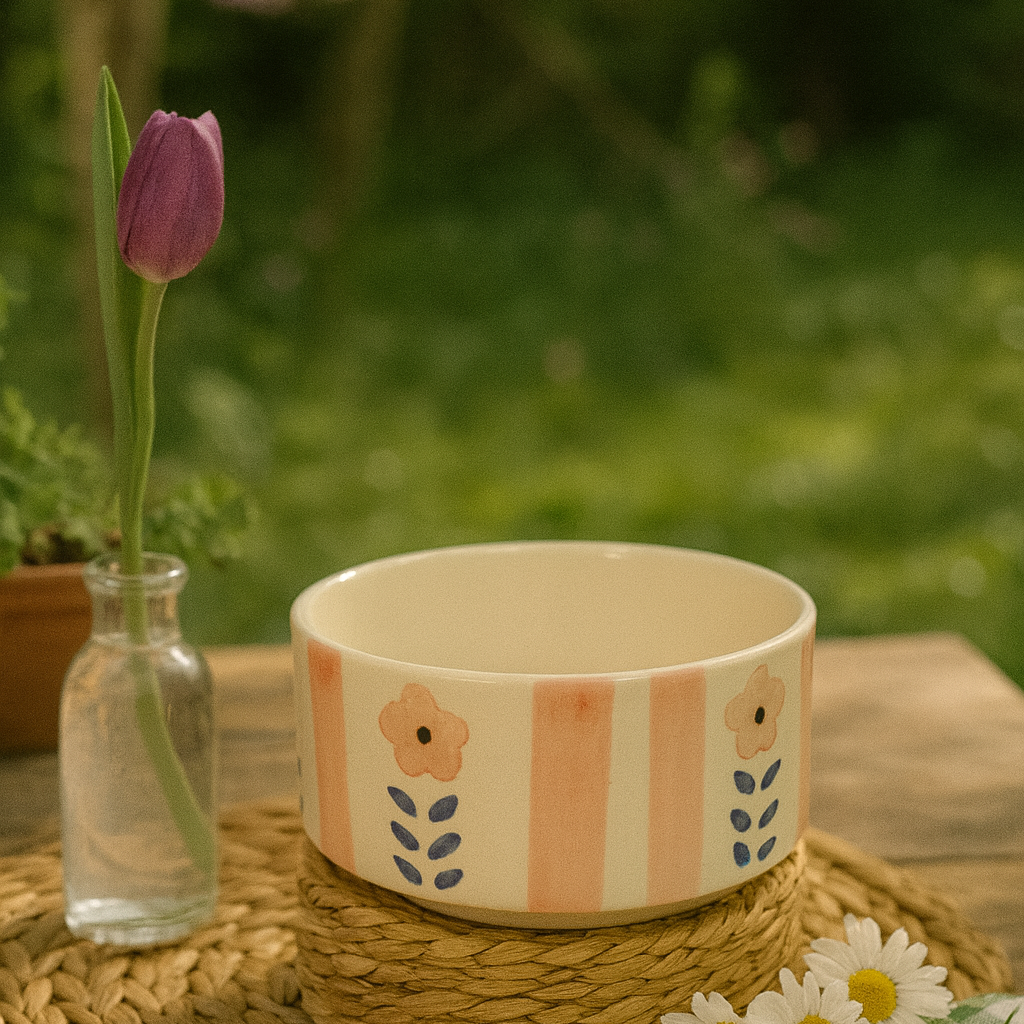Ceramic bowl with floral design on a woven mat outdoors