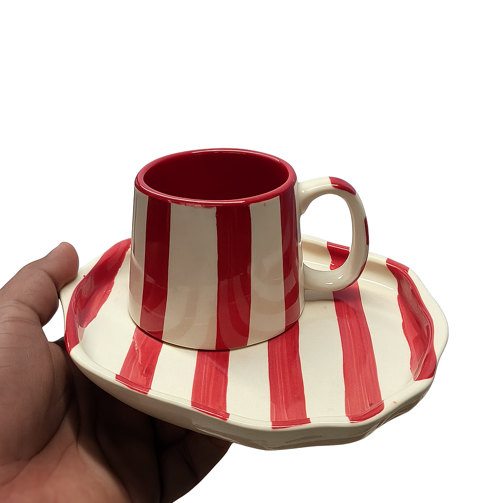 Red and white striped mug with matching saucer held by a hand on a white background
