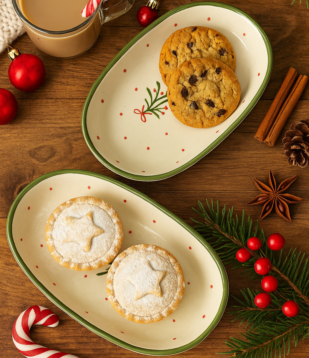 Two ceramic trays with Christmas-themed designs, one with cookies and the other with mince pies, on a wooden surface with festive decorations.