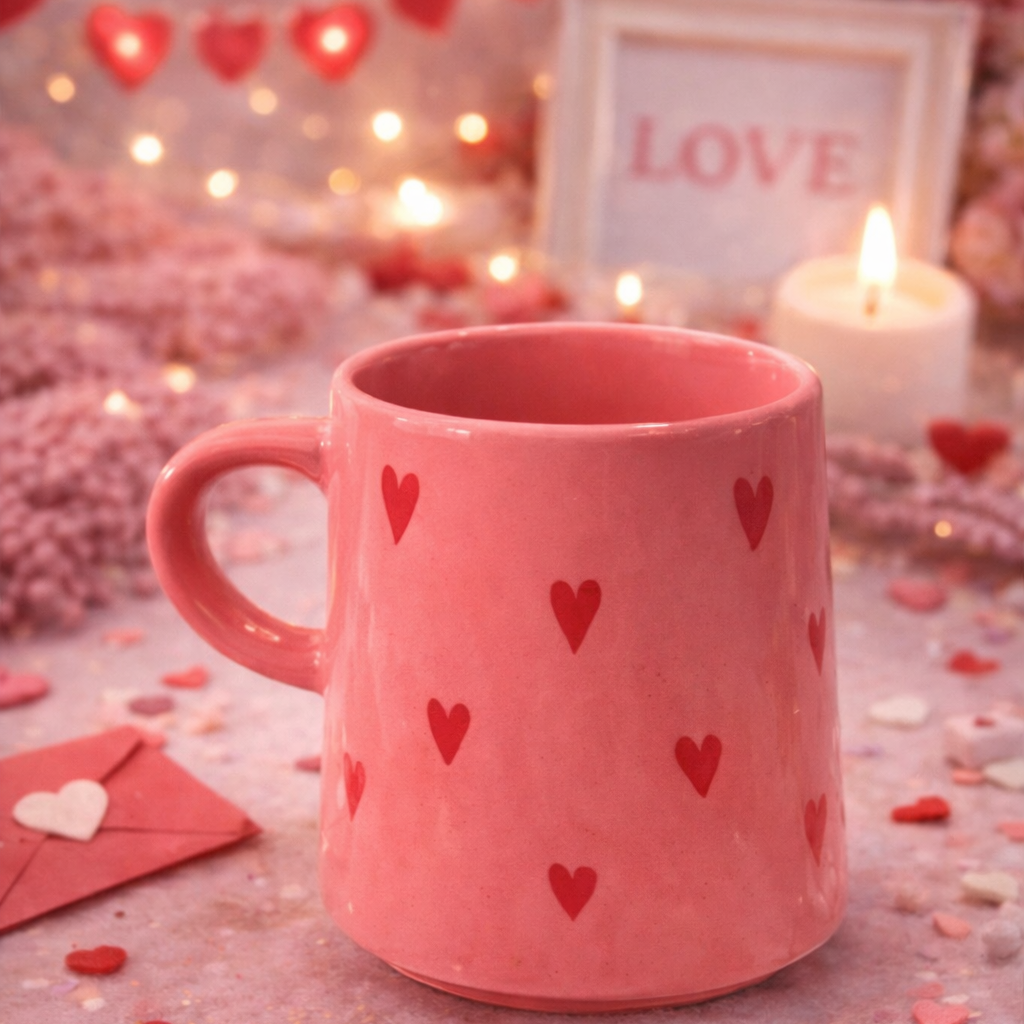 Pink mug with red heart patterns on a romantic setting with candles and heart decorations.