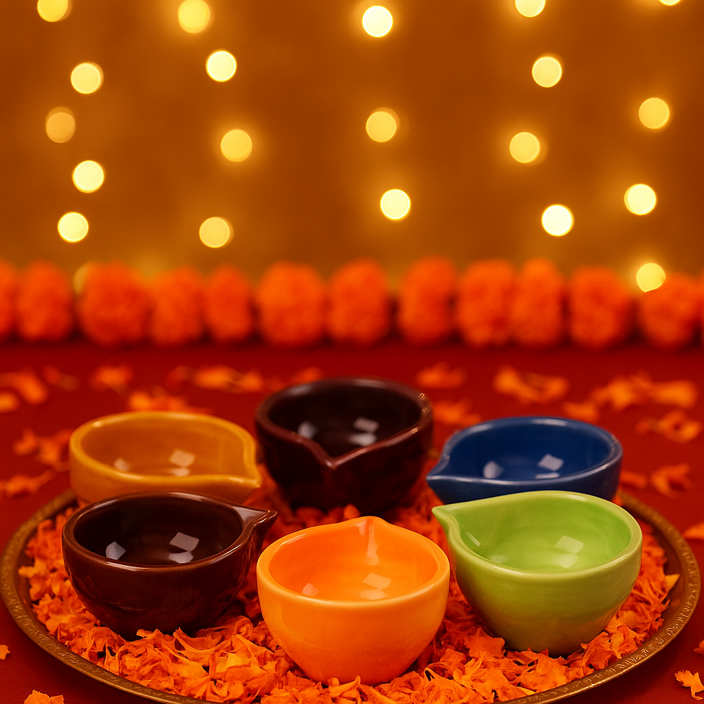 Ceramic Diya Shape Tea Light Holder (set of 6)