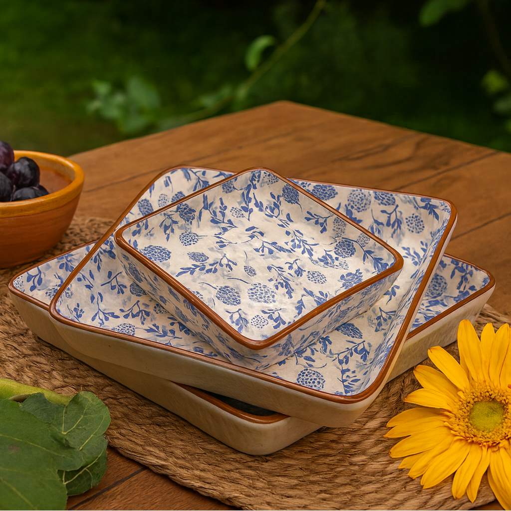 Set of square ceramic dishes with blue floral pattern on a wooden table with greenery in the background