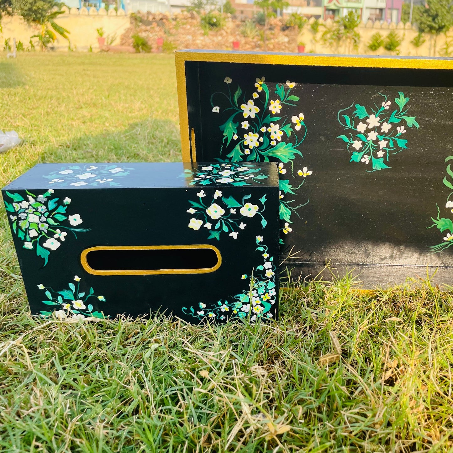 BLACK FLOWER HAND-PAINTED TISSUE BOX