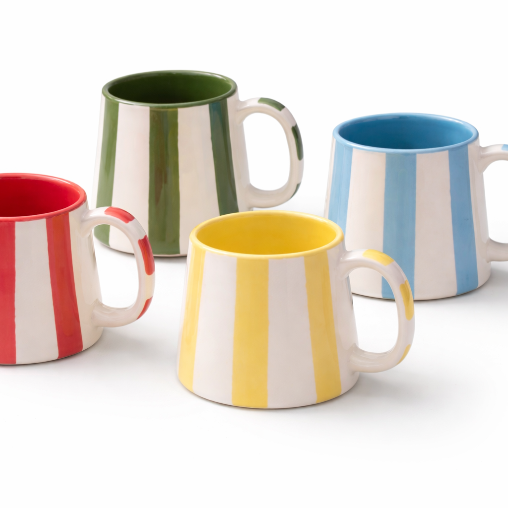 Four colorful striped mugs on a white background