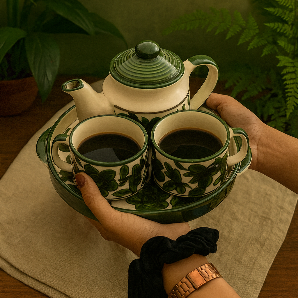 Green Pottery Tea Party ( Set of 2 cup, 1 tray and 1 kettle) | Pinterest Inspired Design