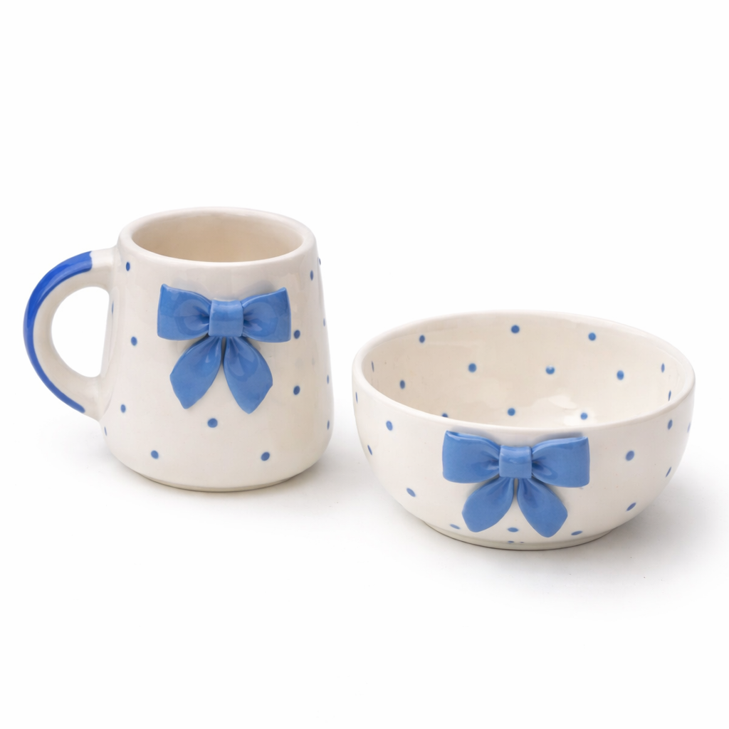 Ceramic mug and bowl set with blue bows on a white background