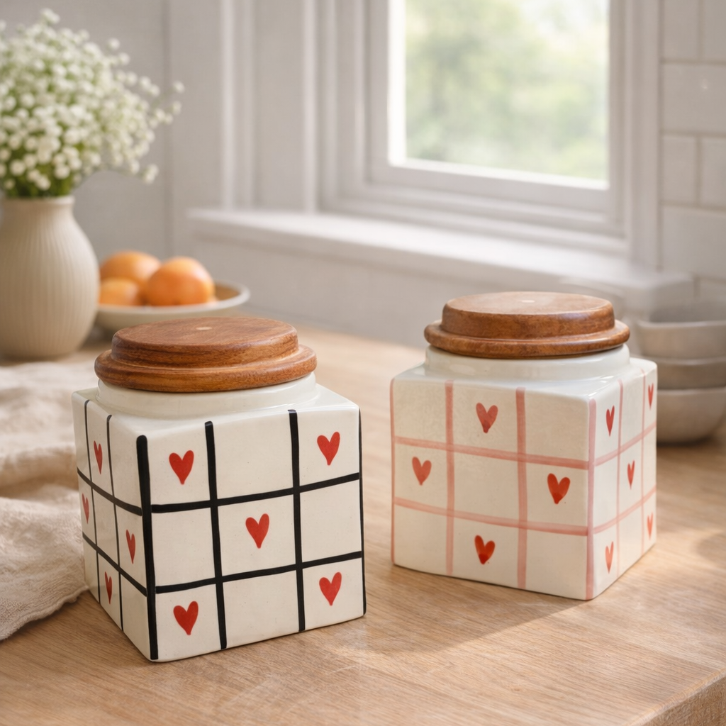 Hearty Heart Ceramic Jar Set with wooden lid ( Set of 2) | Pinterest Inspired Design