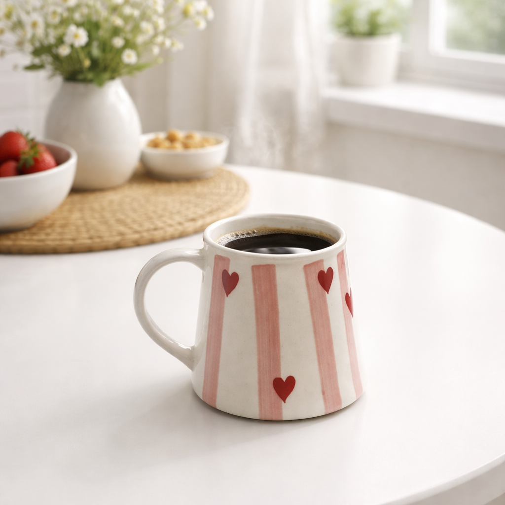 Striped mug with heart designs on a white table, surrounded by decorative items.