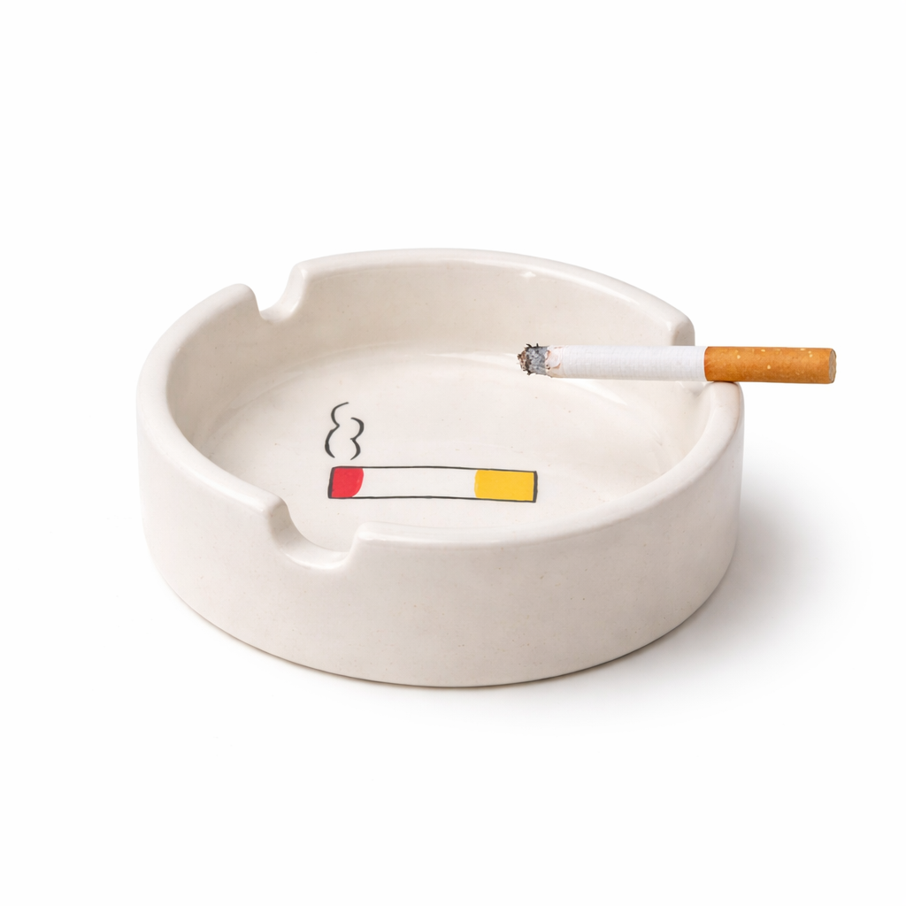 White ceramic ashtray with a smoking graphic and a cigarette inside on a white background