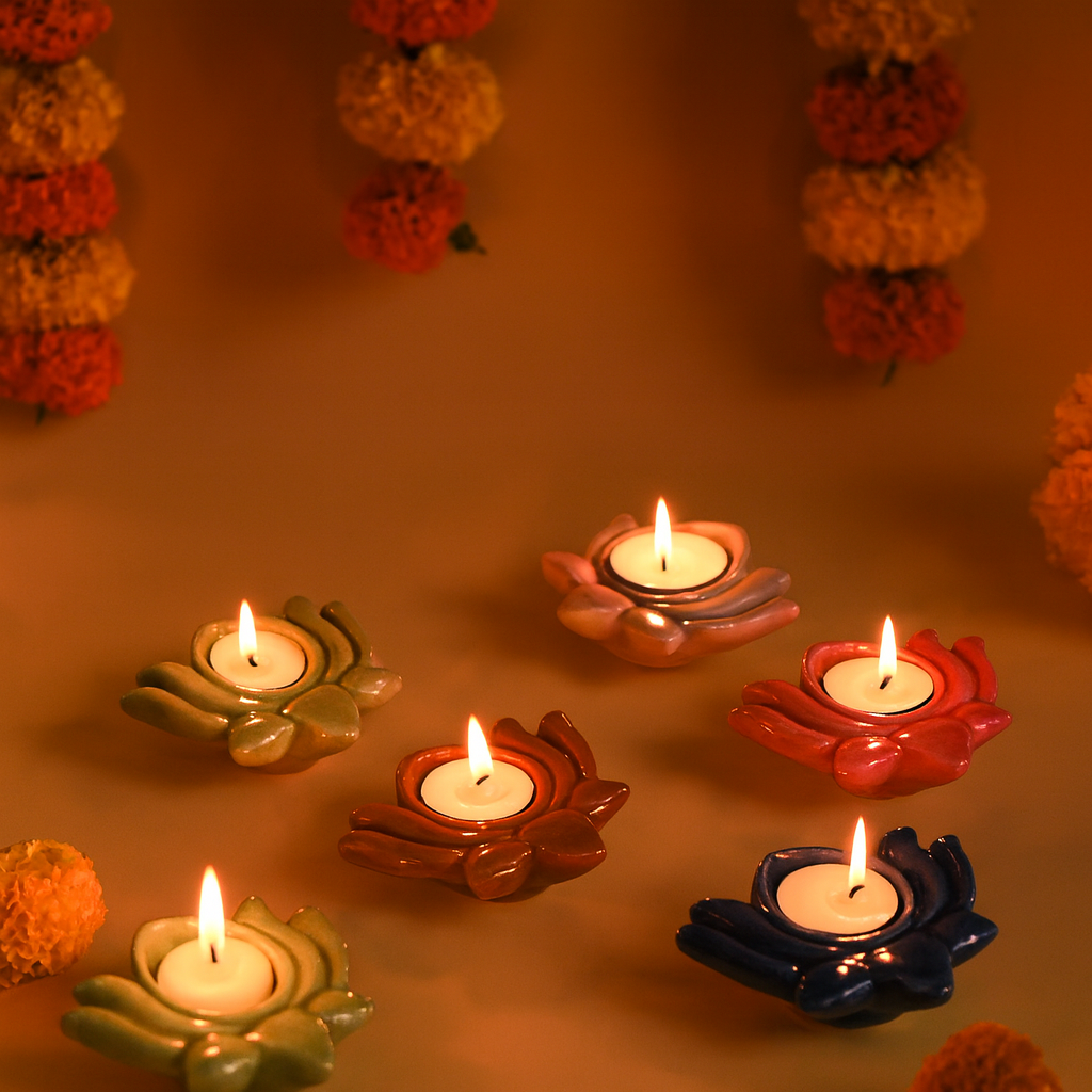 Ceramic Lotus Multi-color Tea Light Holder (set of 6)