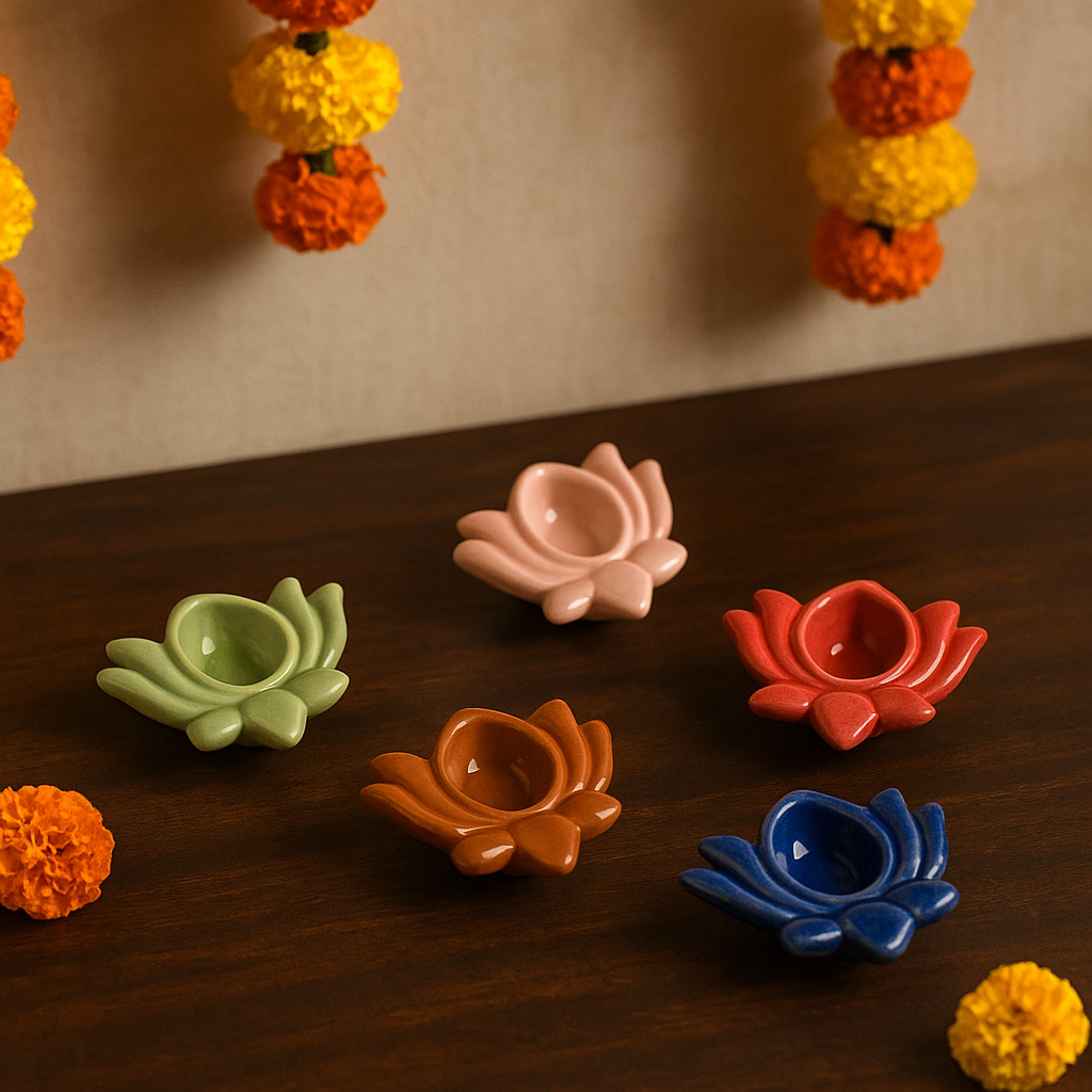 Ceramic Lotus Multi-color Tea Light Holder (set of 6)
